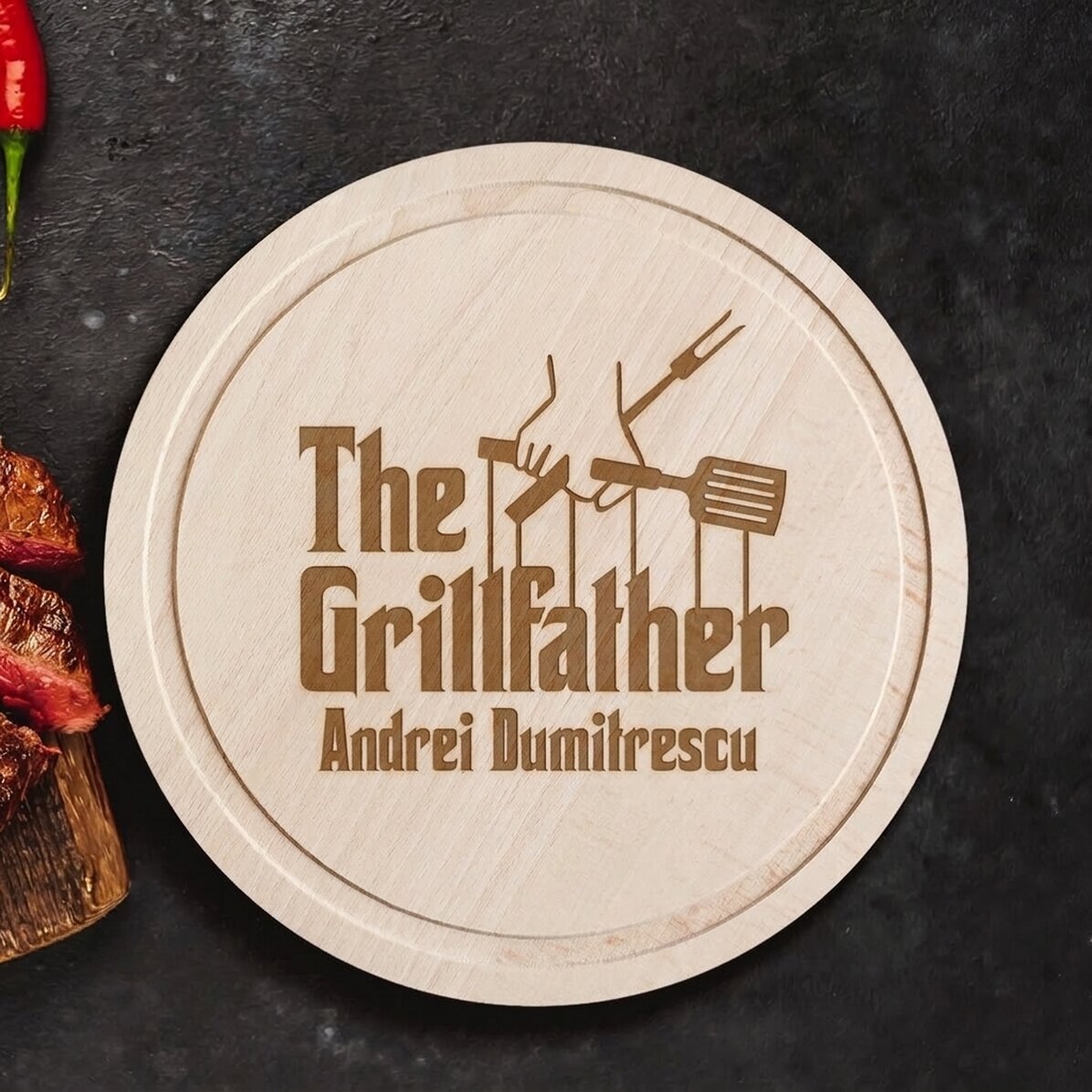 Planche à découper ronde personnalisée avec inscription - The Grillfather