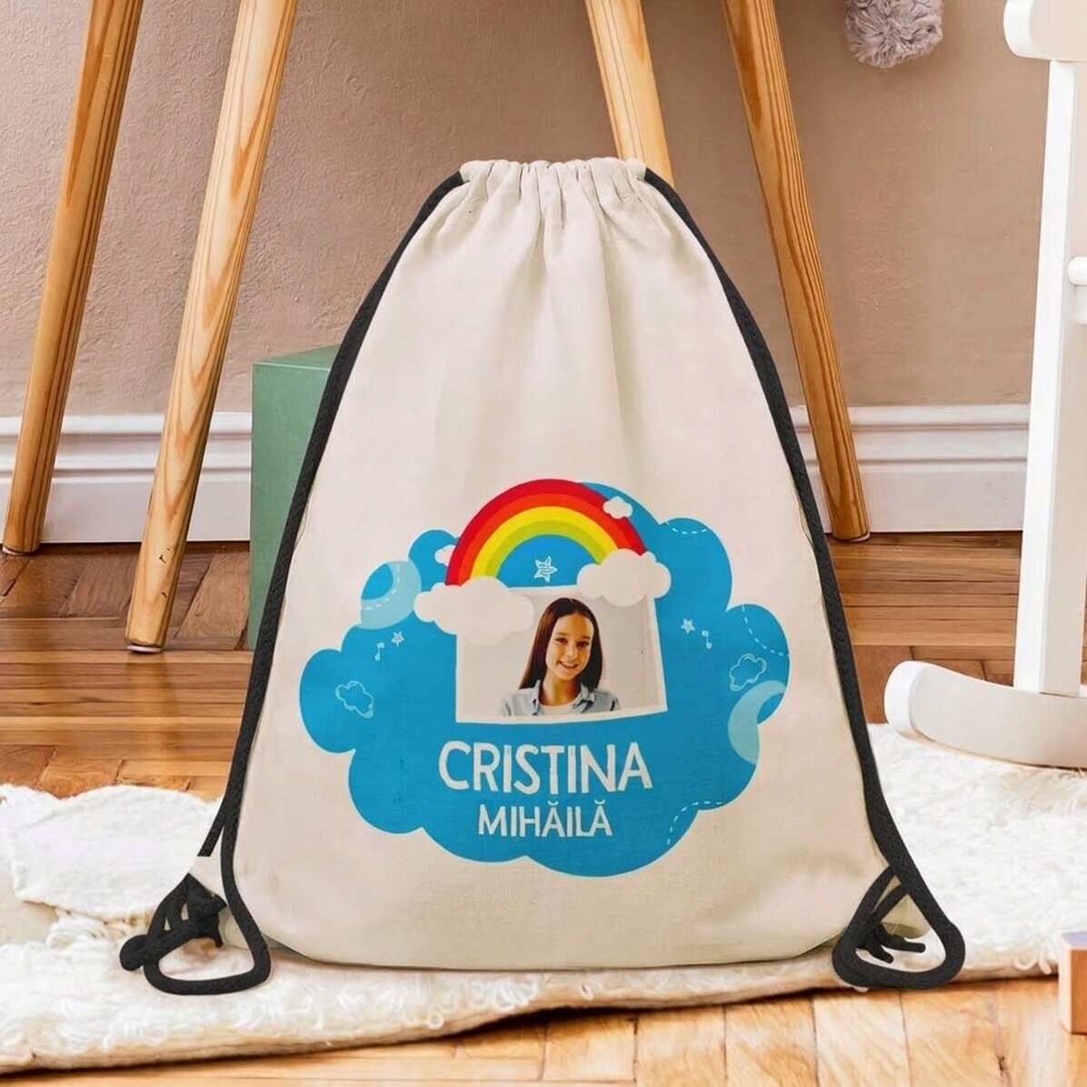 Sac à dos personnalisé avec nom et photo - Modèle arc-en-ciel