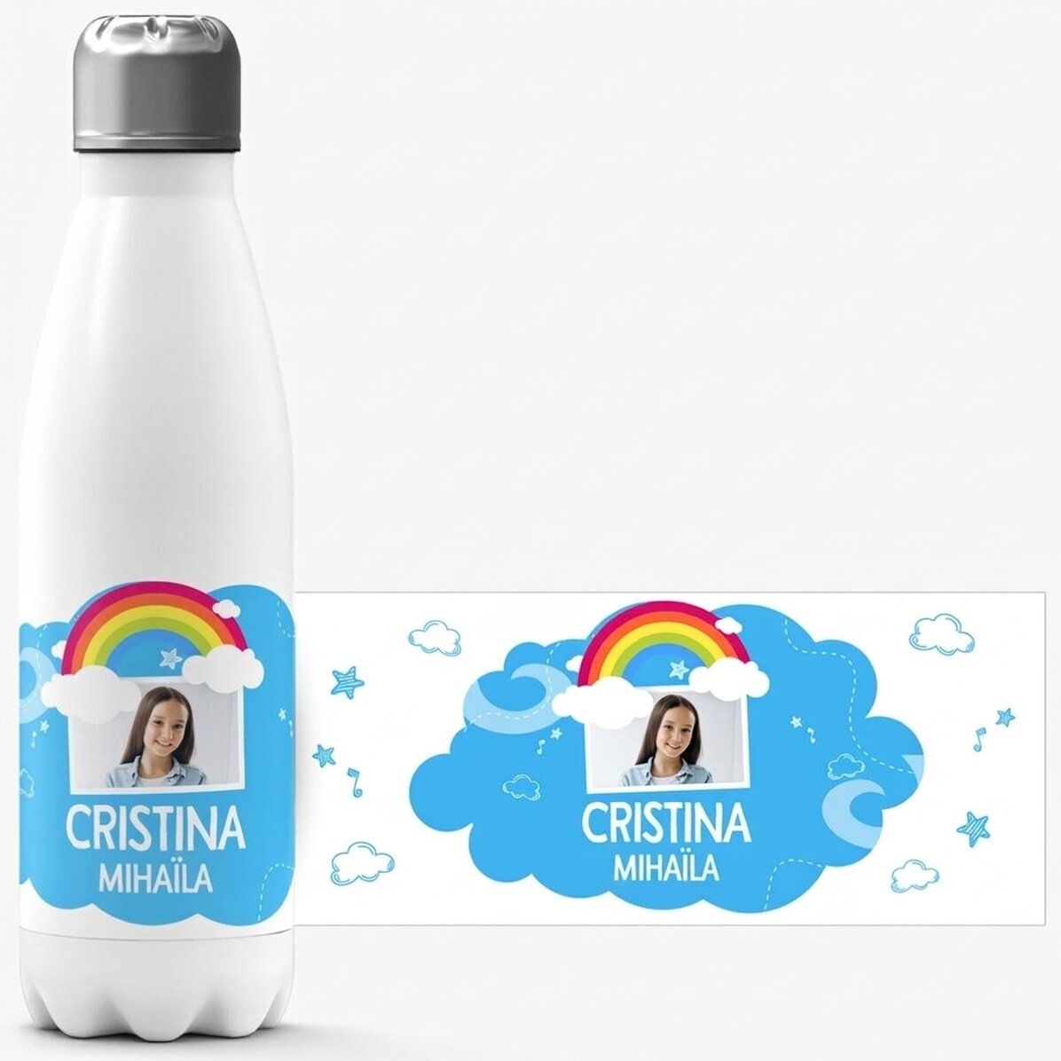 Thermos à base blanche personnalisé avec une photo et un prénom - Modèle arc-en-ciel
