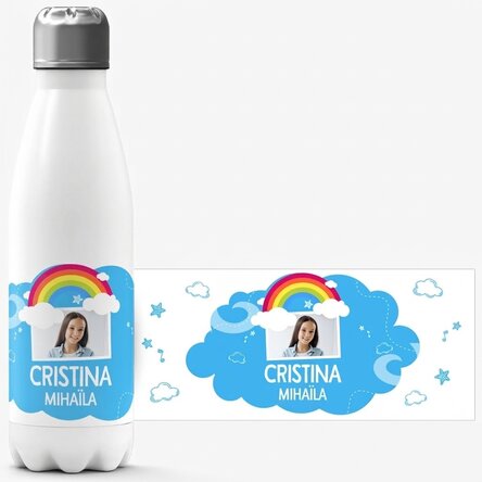 Thermos à base blanche personnalisé avec une photo et un prénom - Modèle arc-en-ciel
