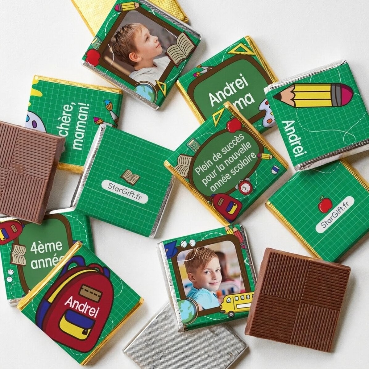 Lot de 10 mini-chocolats personnalisés avec des photos et un texte pour la rentrée scolaire