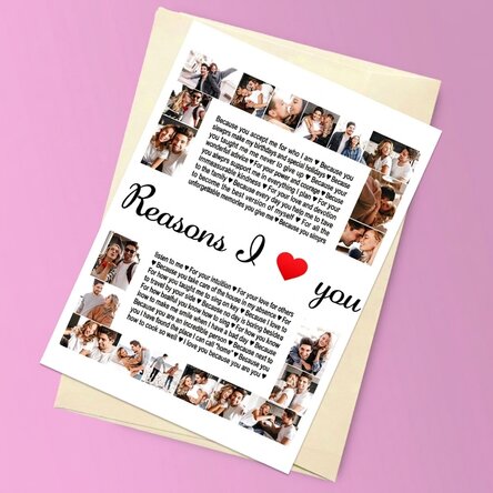 Carte de vœux magnétique personnalisée avec 20 photos et un texte - « Reasons I love You »