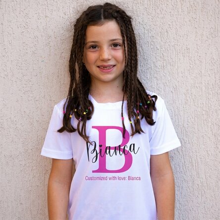 Children's sports T-shirt personalised with initial and name