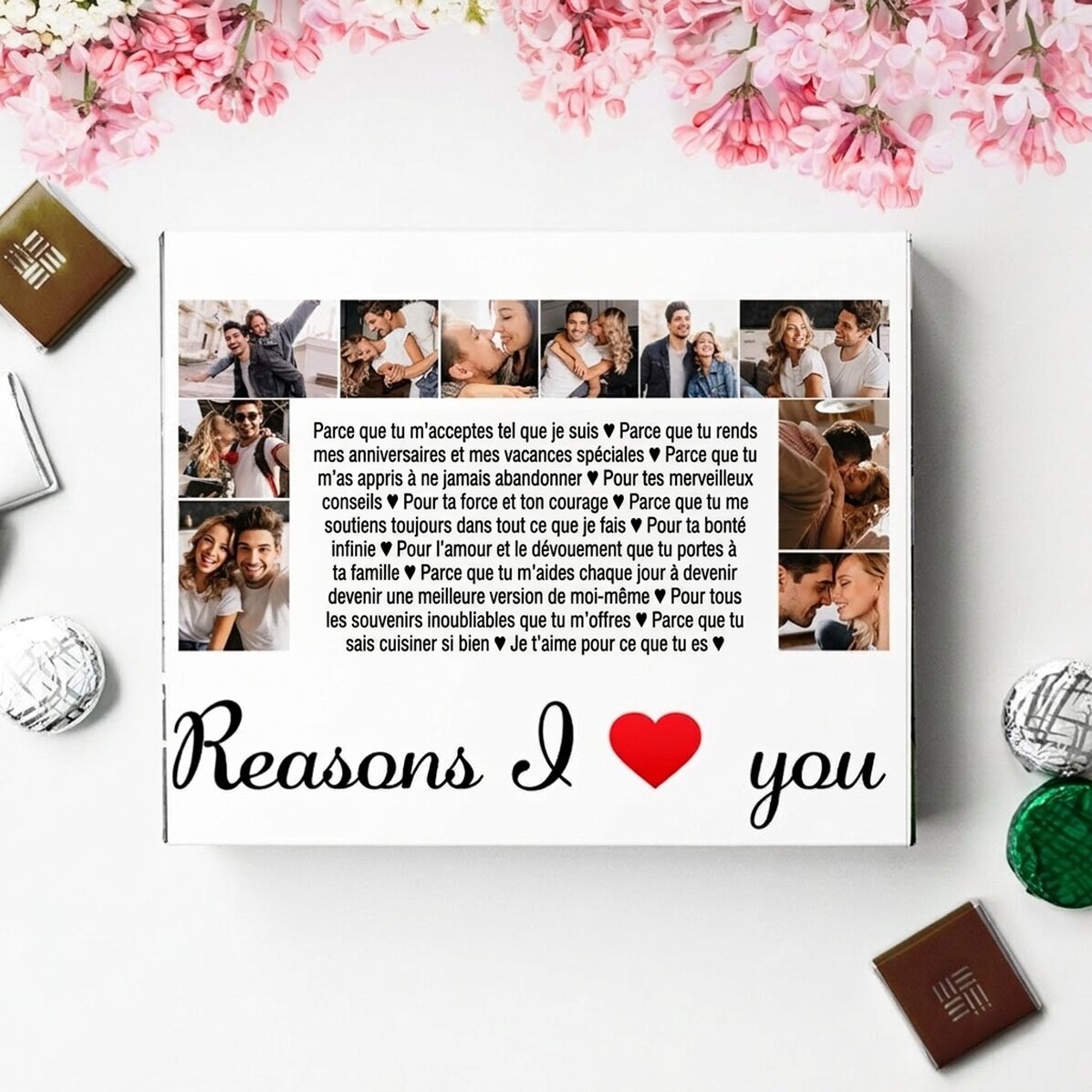 Boîte de bonbons personnalisée avec 20 photos et un texte - « Reasons I love you »