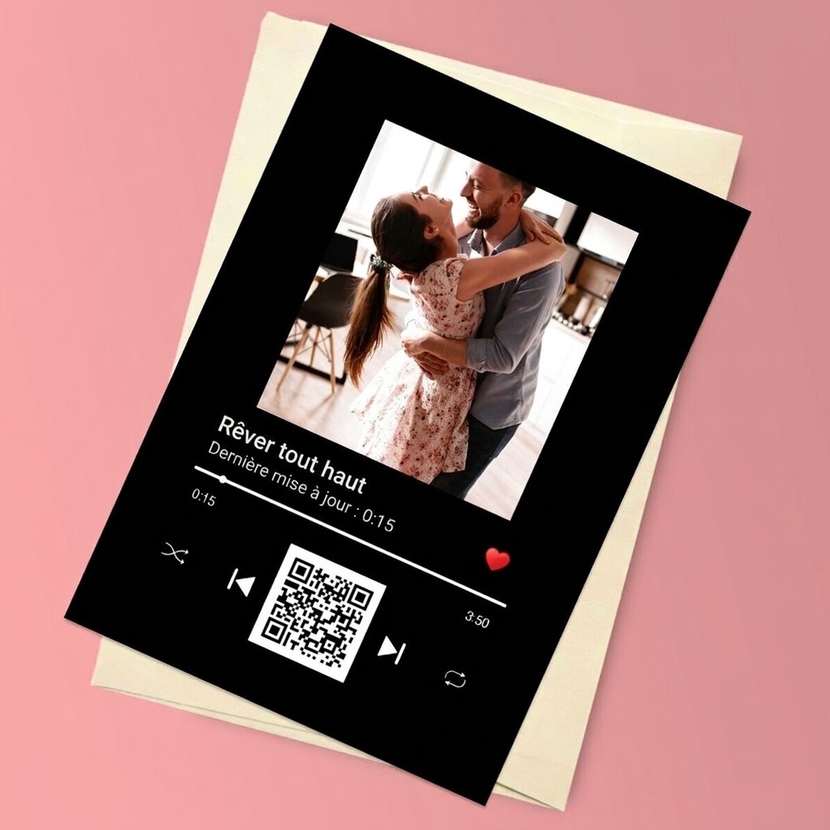 Carte de vœux magnétique personnalisée avec une photo, un texte et un code QR - Notre chanson