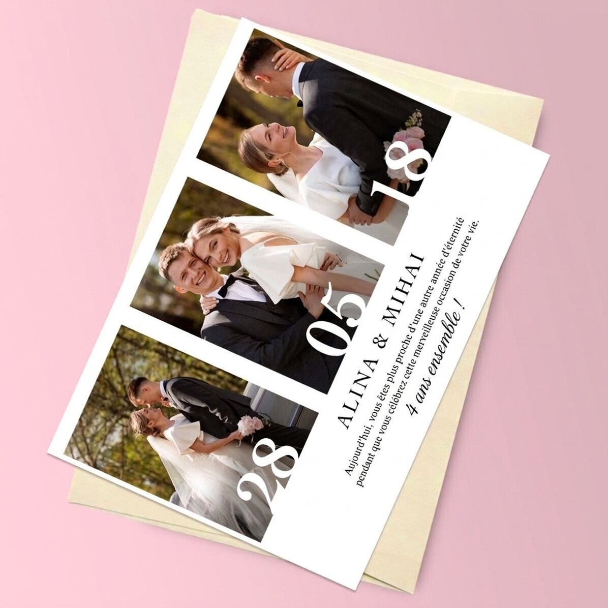 Carte de vœux magnétique personnalisée avec 3 photos et un texte pour un anniversaire de mariage