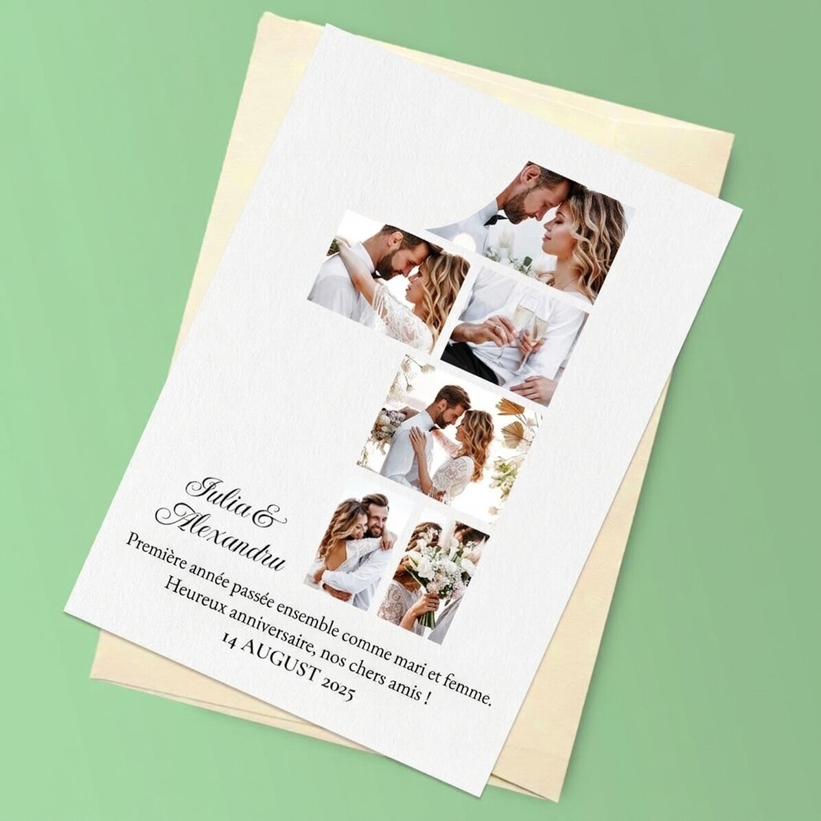 Carte de vœux magnétique personnalisée avec 6 photos et un texte pour le premier anniversaire