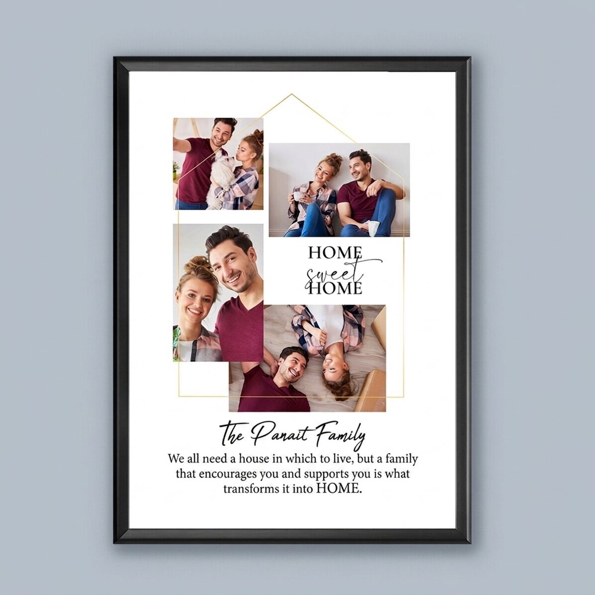 Tableau personnalisé avec 4 photos et un message pour la famille - Chez soi, c