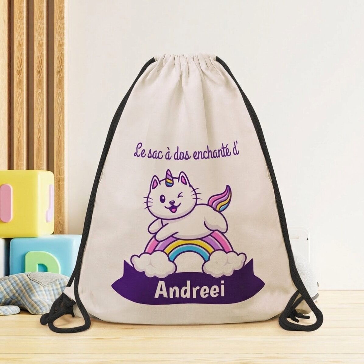 Sac à dos personnalisé avec prénom - Chat licorne