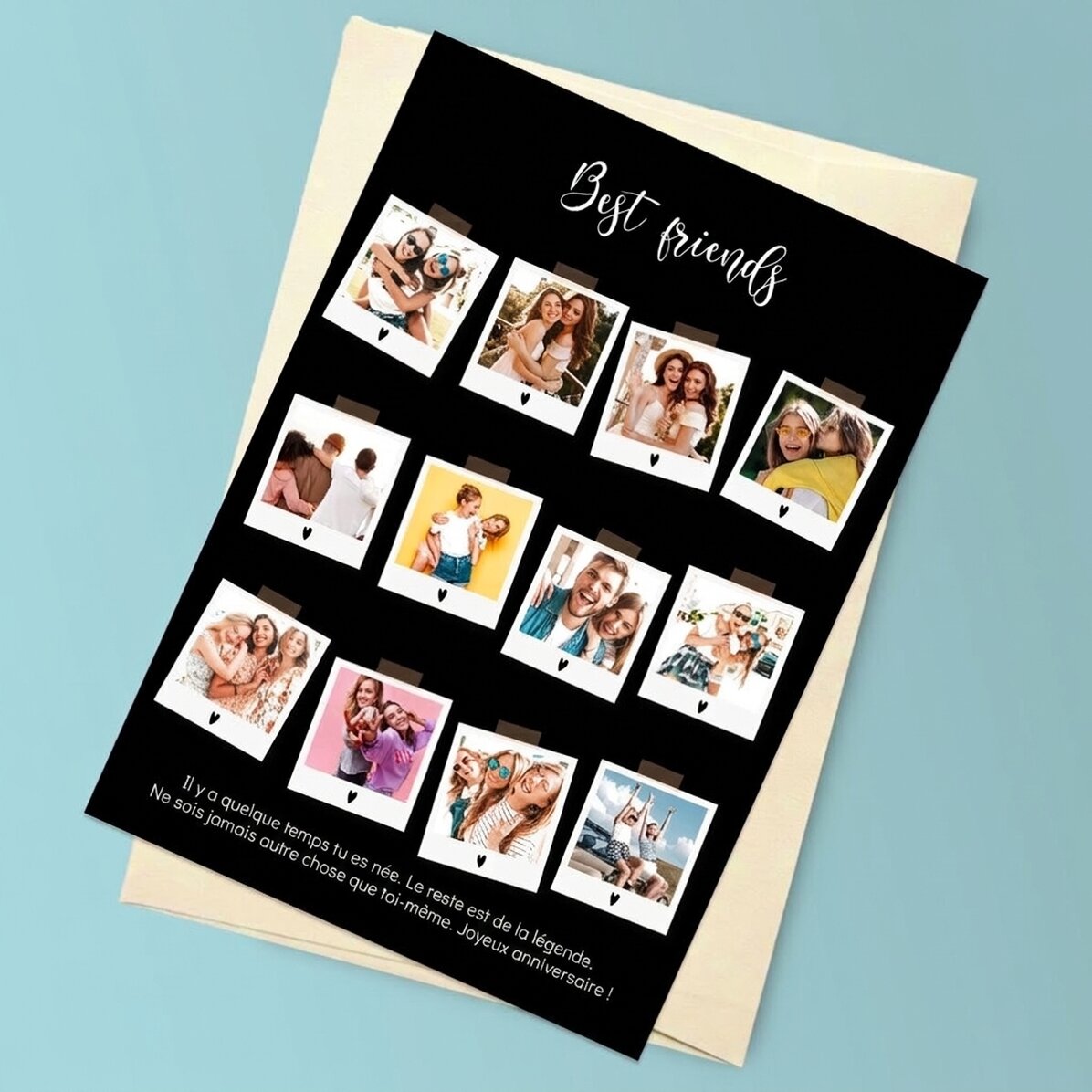 Carte de vœux magnétique personnalisée avec 12 photos et un texte - Polaroid