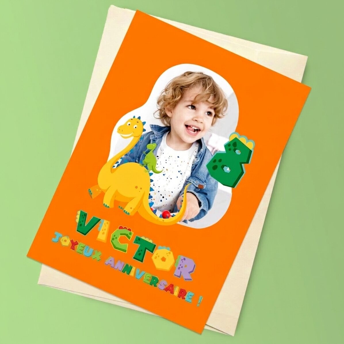 Carte de vœux magnétique personnalisée avec une photo, un chiffre et un texte - Dinosaure