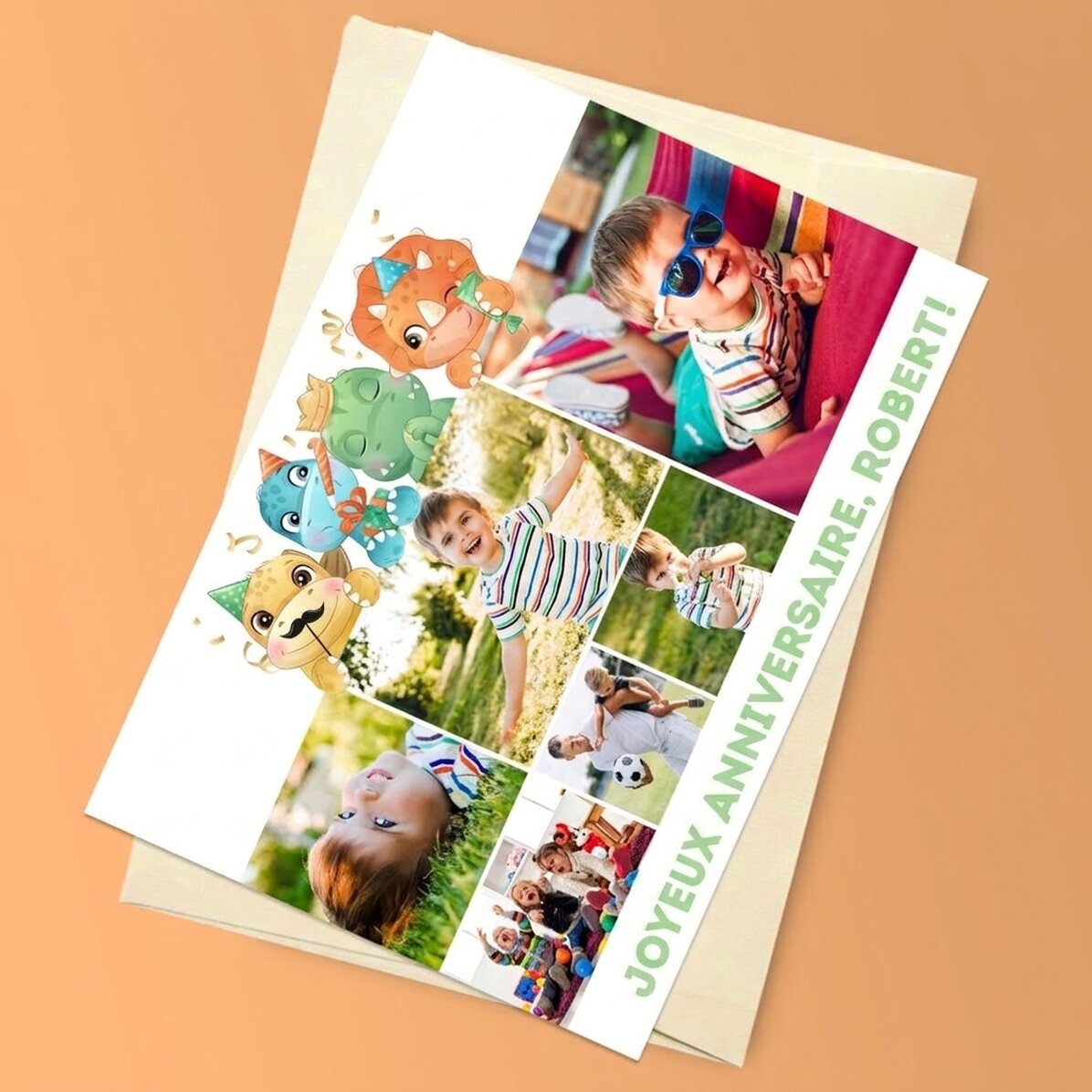 Carte de vœux magnétique personnalisée avec 6 photos et un texte - Dinosaures