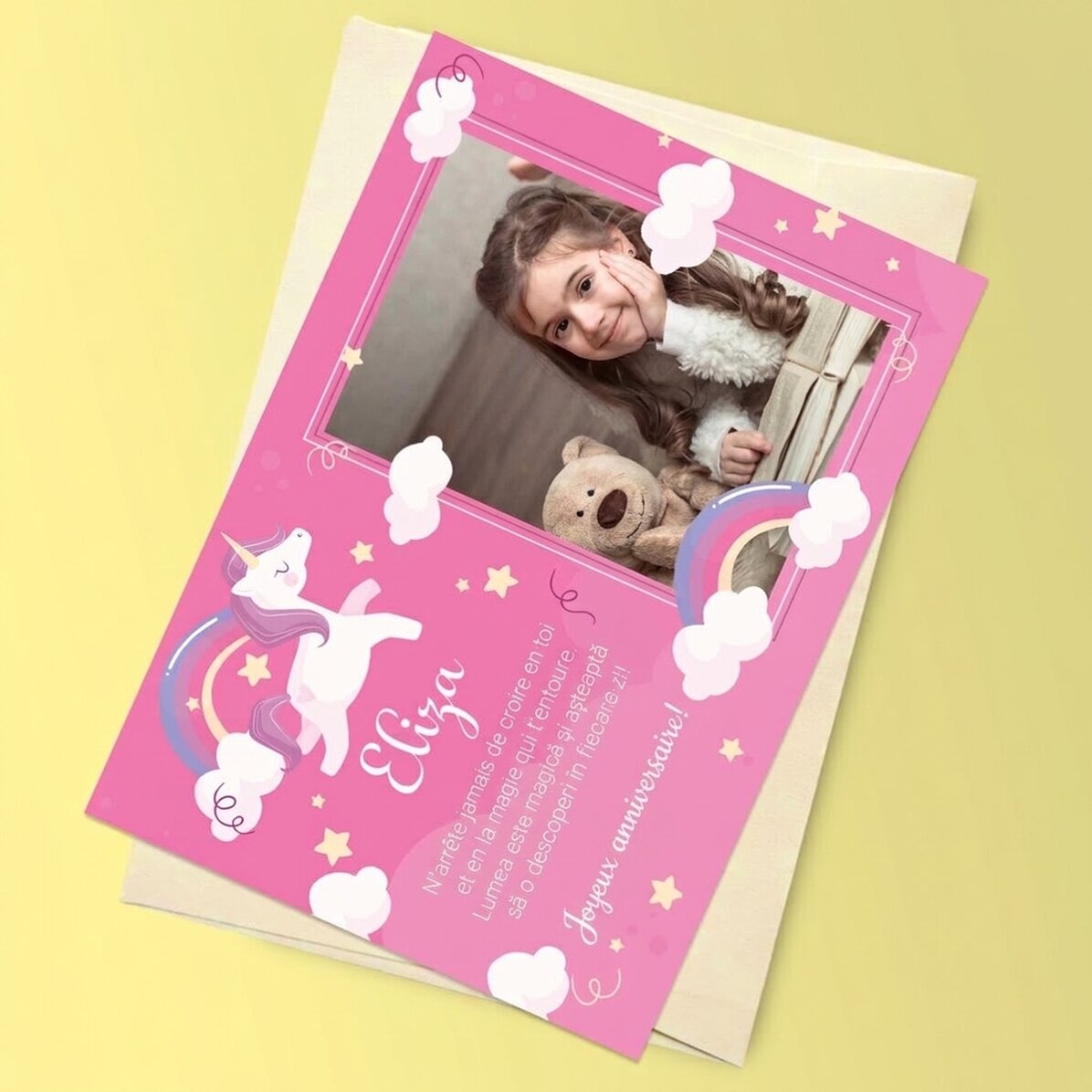 Carte de vœux magnétique personnalisée avec une photo et un message pour les enfants - Licorne