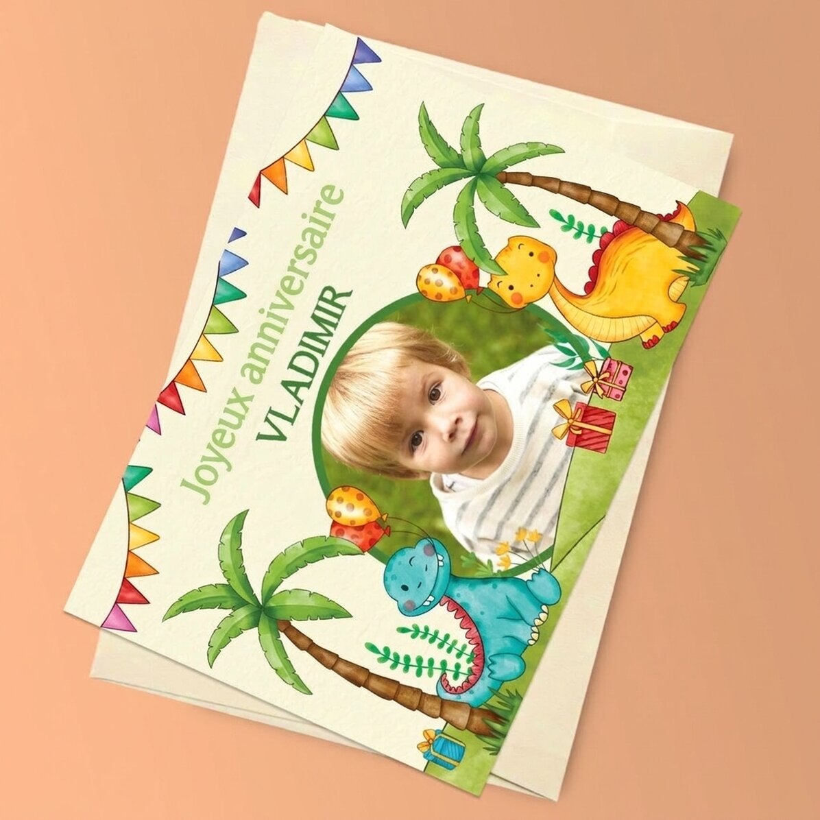Carte de vœux magnétique personnalisée avec une photo et un message pour les enfants - Dinosaures