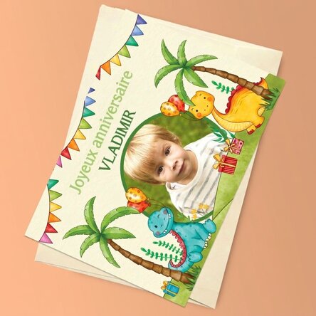 Carte de vœux magnétique personnalisée avec une photo et un message pour les enfants - Dinosaures
