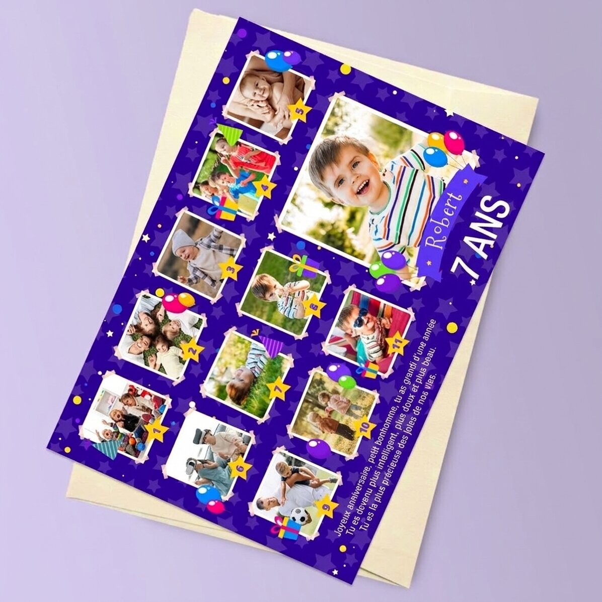 Carte de vœux magnétique personnalisée avec 12 photos et un message pour les enfants - Anniversaire