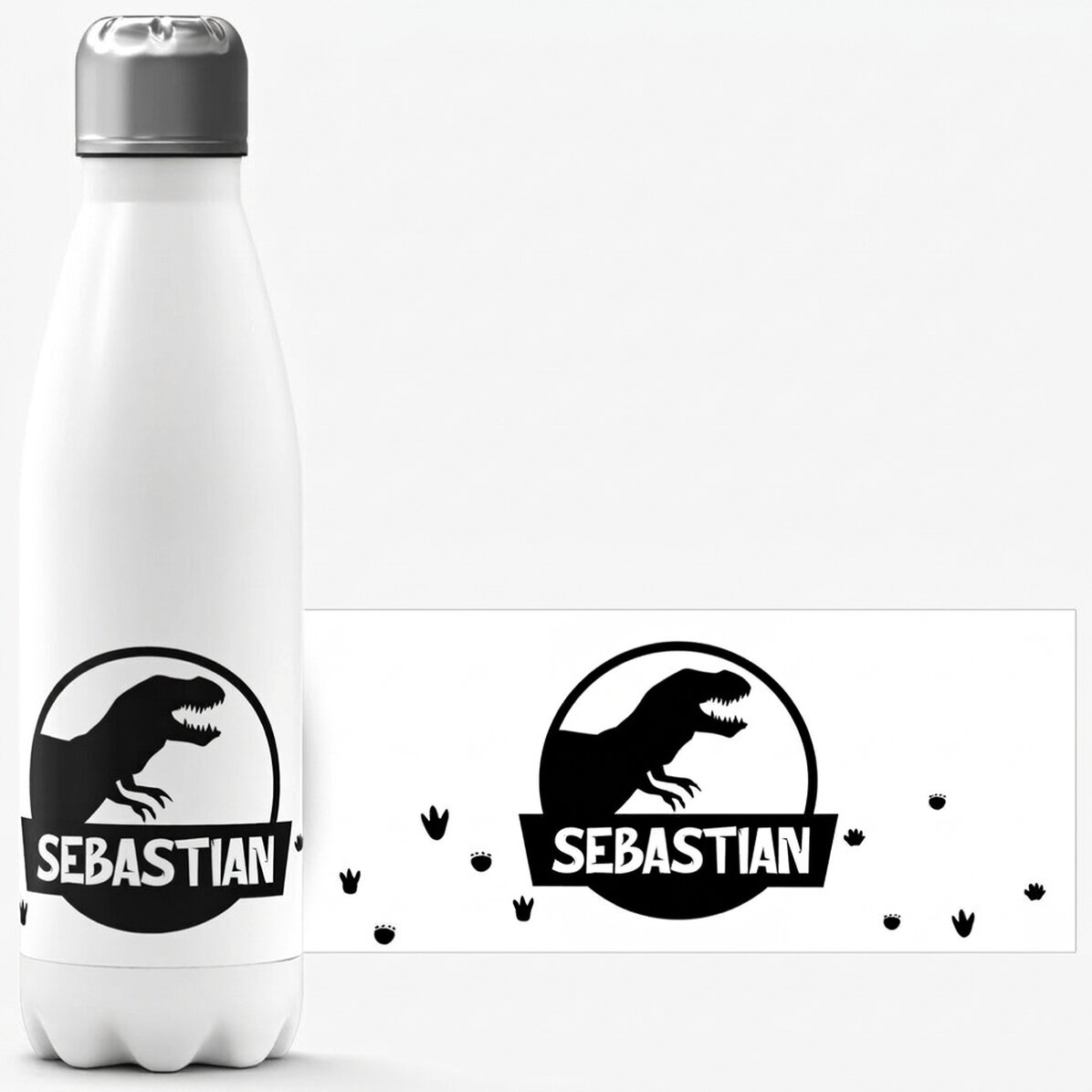 Thermos à base blanche personnalisé avec un prénom - Dinosaure T-Rex noir