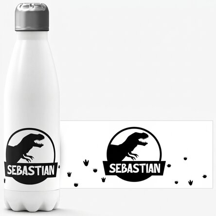 Thermos à base blanche personnalisé avec un prénom - Dinosaure T-Rex noir