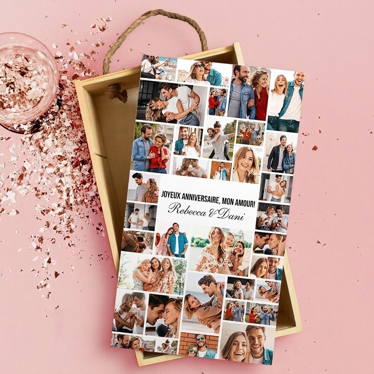 Coffret cadeau en bois personnalisé avec 35 photos et un texte