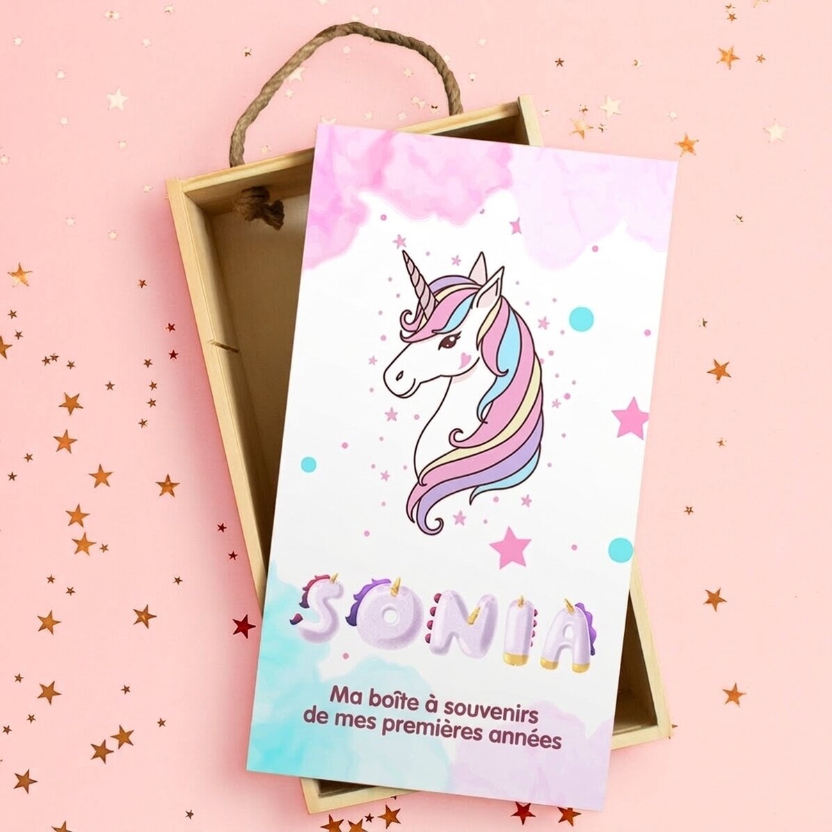 Coffret cadeau en bois personnalisé avec un message - Licorne spéciale