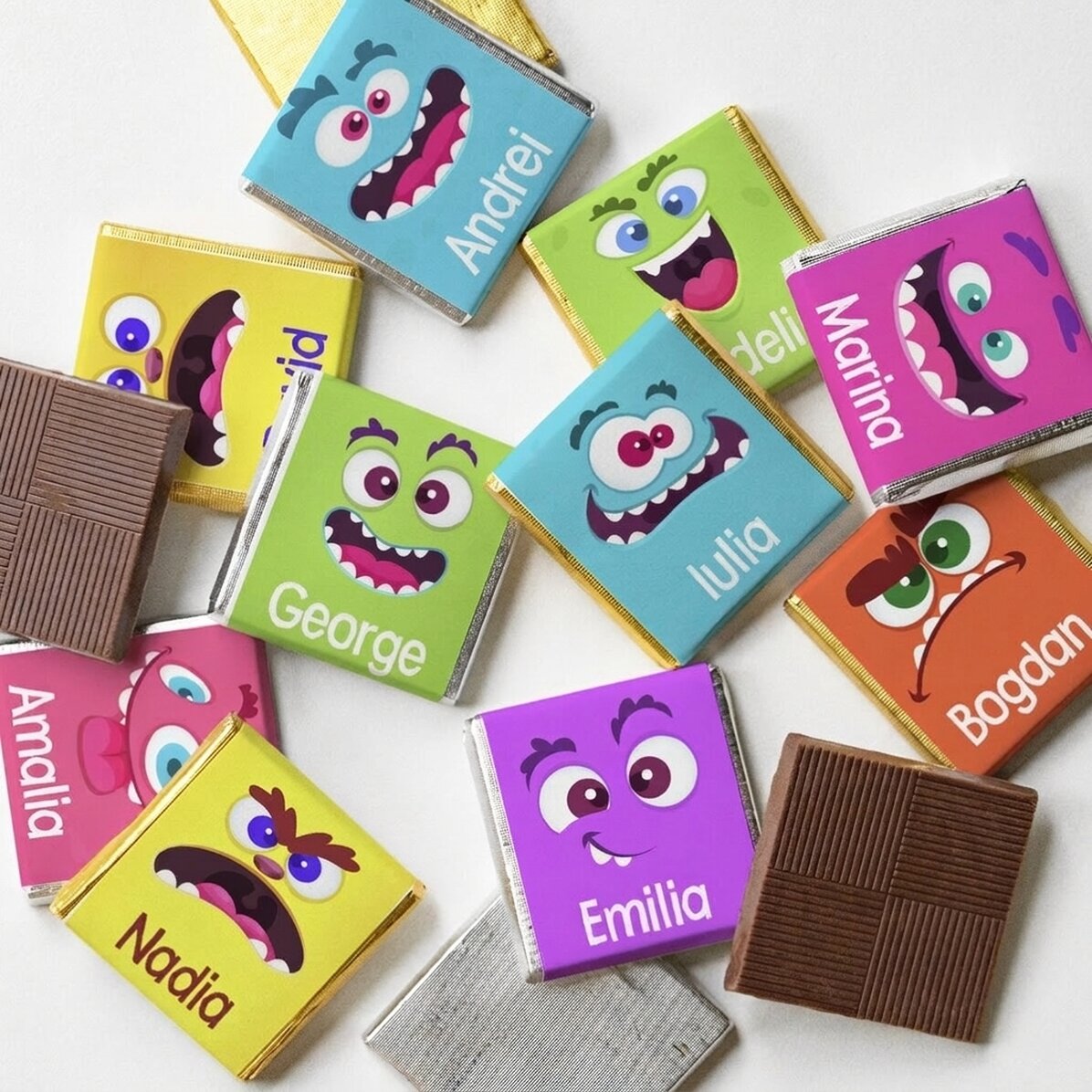 Lot de 10 mini-chocolats personnalisés avec un message - Monstruleti