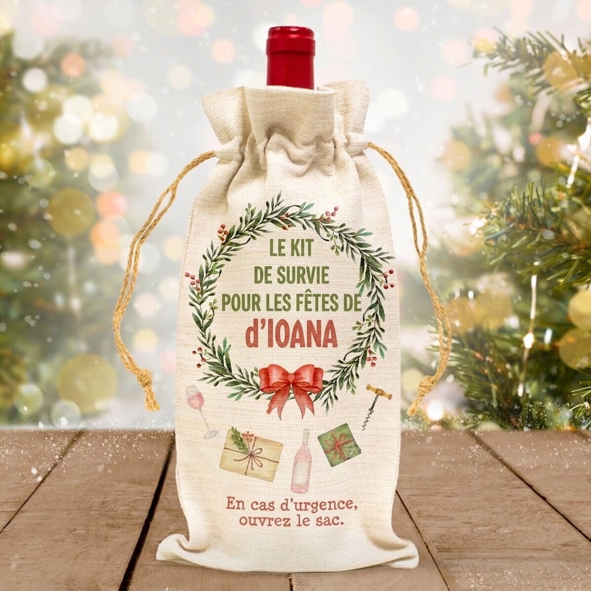 Sac personnalisé pour bouteille de vin - Kit de survie