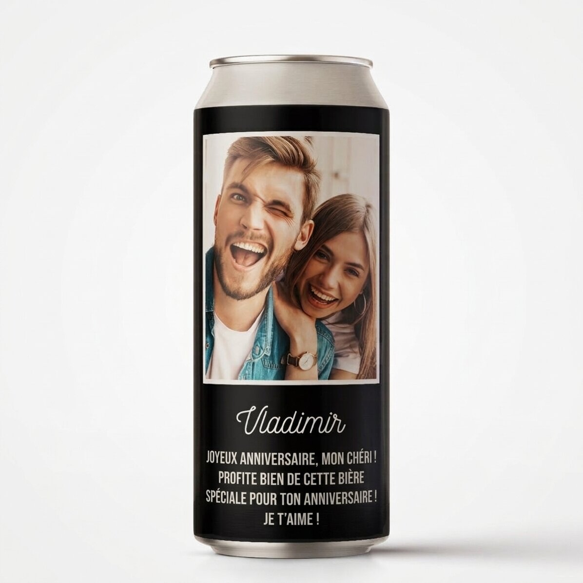 Bière en canette personnalisée avec une photo et un message