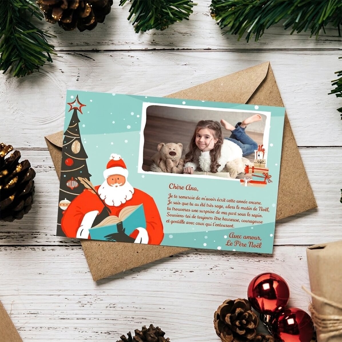 Carte de vœux magnétique personnalisée avec une photo et un message - Lettre du Père Noël