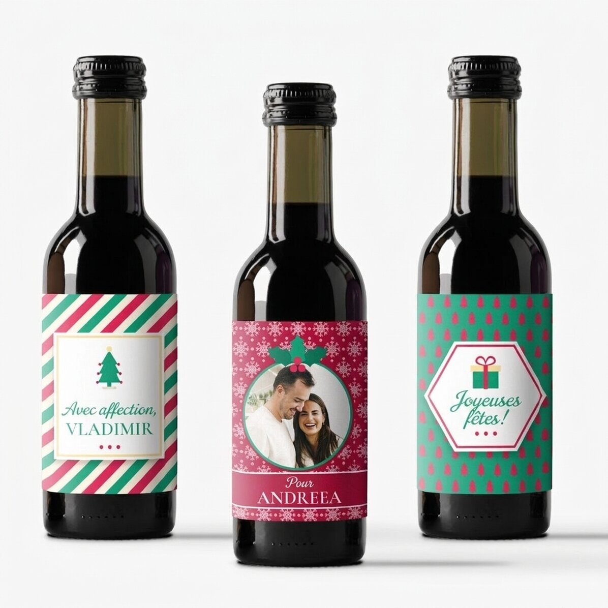 Lot de 3 mini-bouteilles de vin personnalisées avec une photo et un texte - Joyeux Noël !