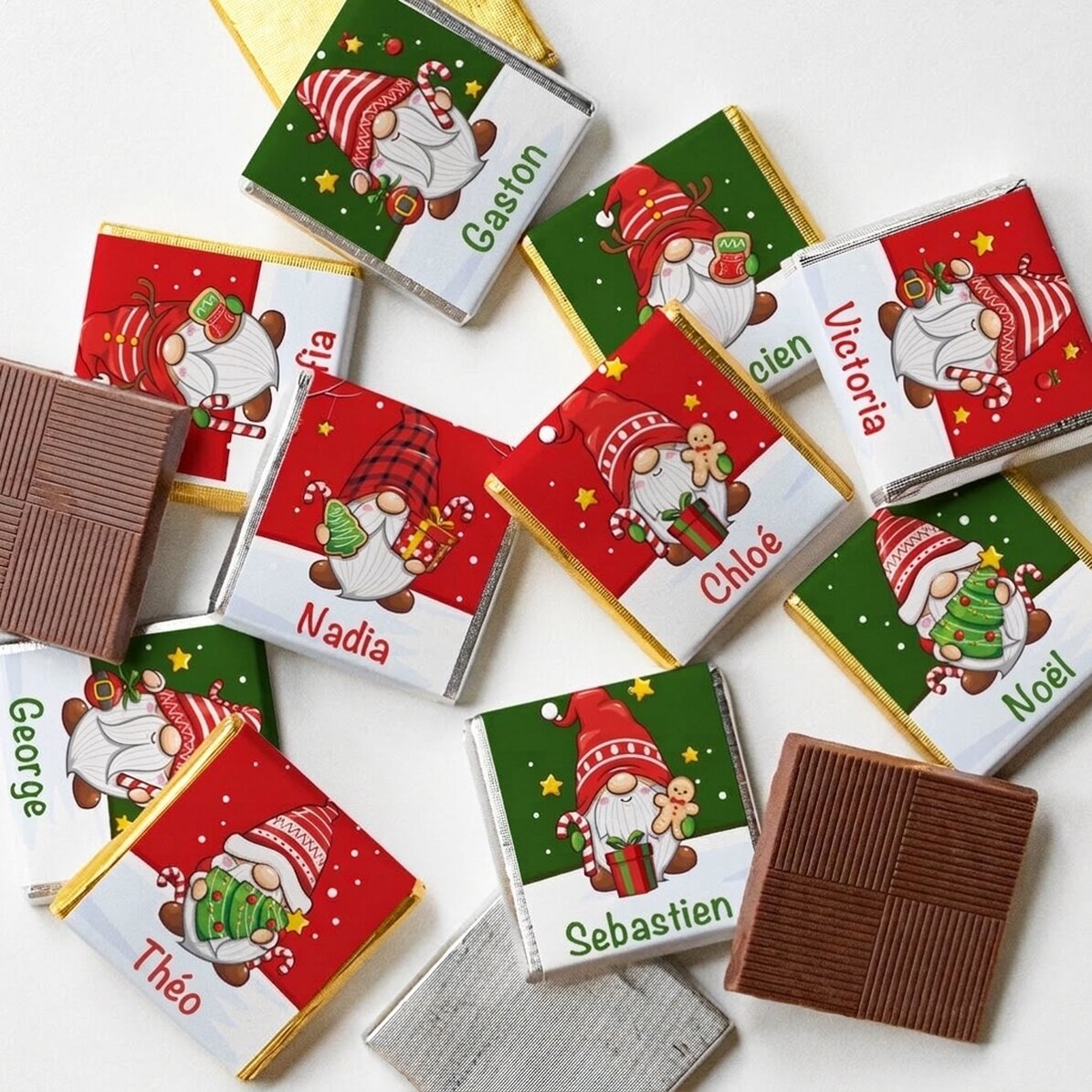 Lot de 10 mini-chocolats personnalisés avec un prénom - Gnomes de Noël