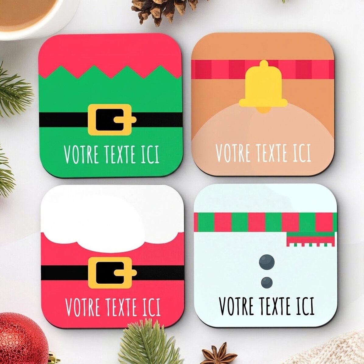 Lot de 4 sous-verres personnalisés avec un texte - Personnages de Noël