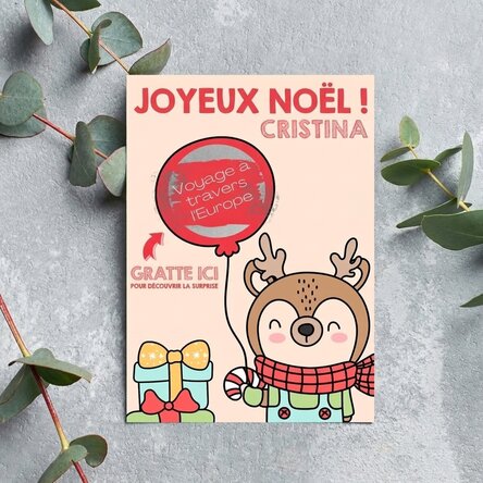 Carte de Noël personnalisée à gratter - Renne avec un ballon