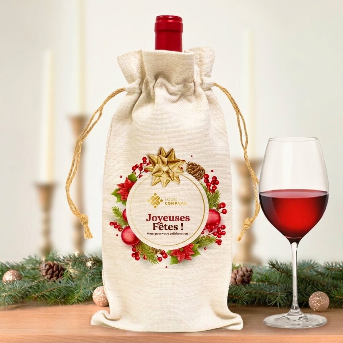 Sachet personnalisé pour bouteille de vin avec logo et texte - Joyeuses fêtes