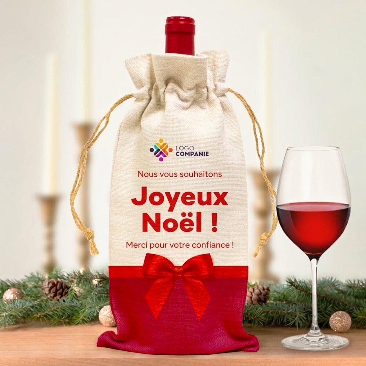 Sachet personnalisé pour bouteille de vin, avec logo et message haut de gamme pour Noël