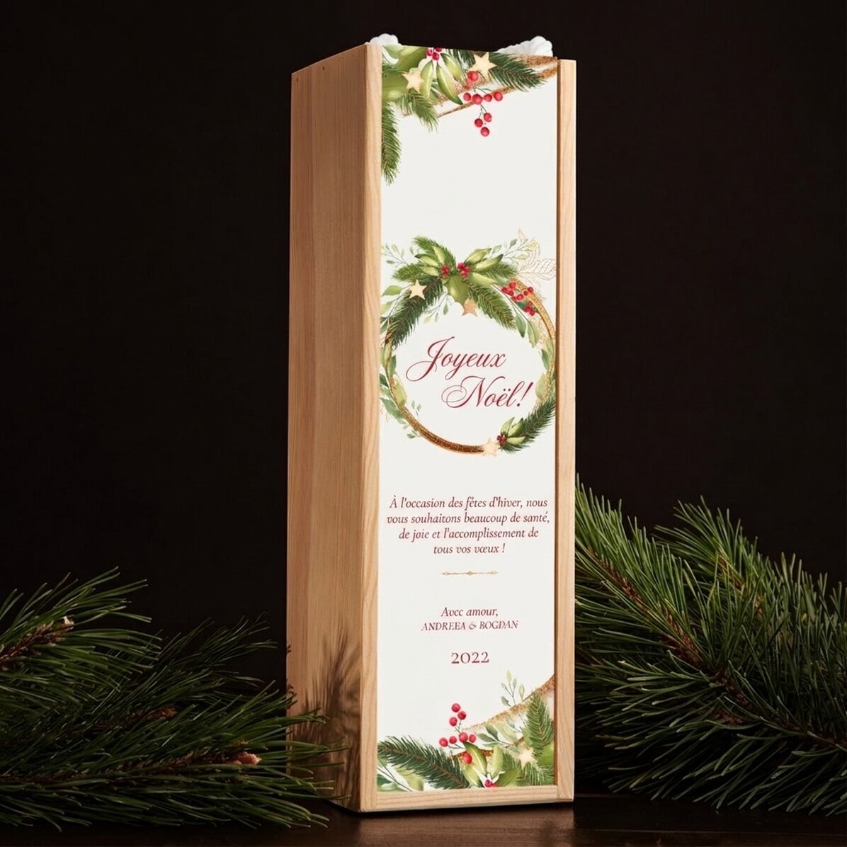 Caisse de vin personnalisée avec un message de Noël - Joyeux Noël !
