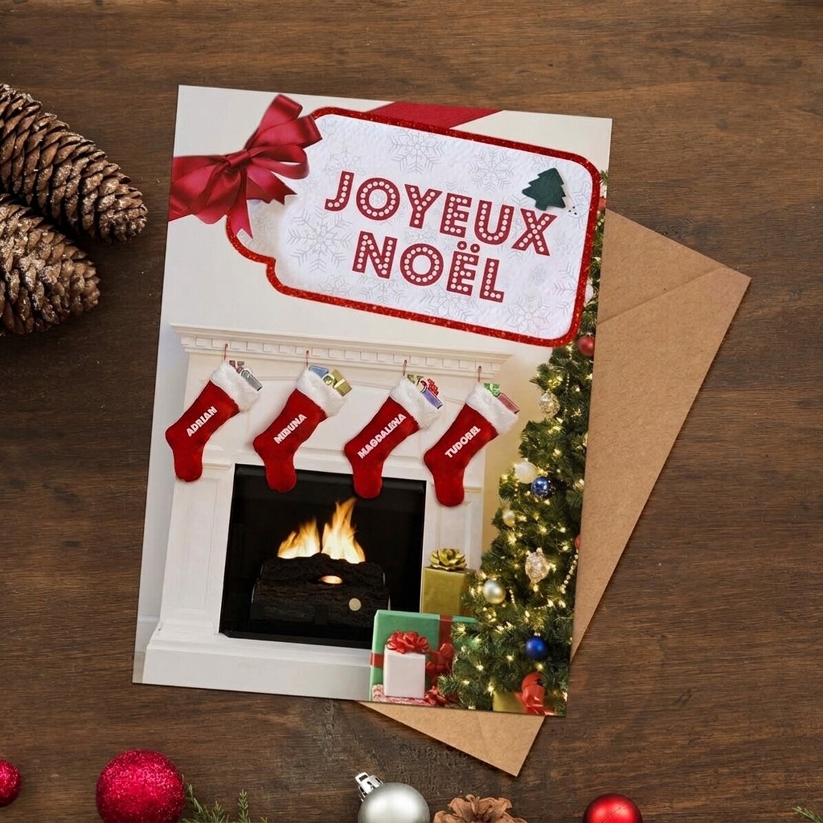 Carte de vœux magnétique personnalisée avec un message de Noël - Chaussettes sur la cheminée