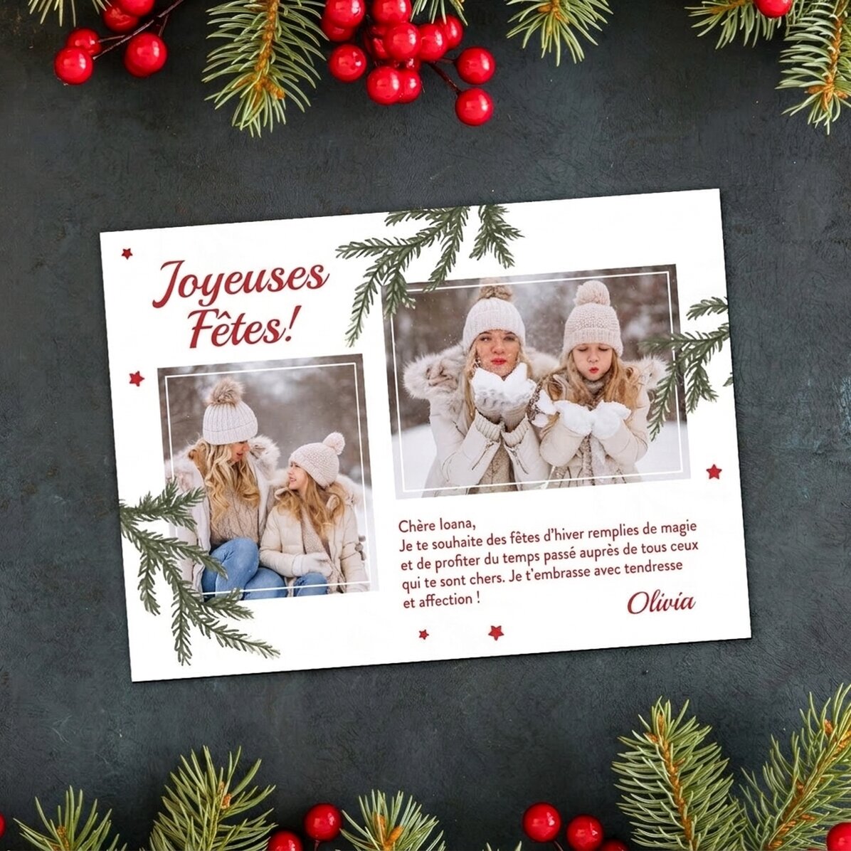 Carte de vœux magnétique personnalisée avec 2 photos et un message de Noël