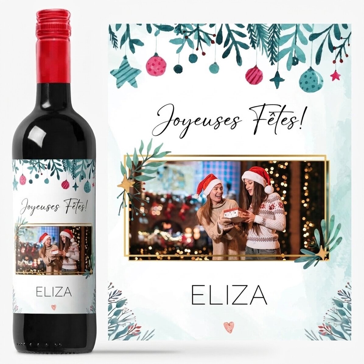 Vin personnalisé avec une photo et un message - Joyeuses fêtes