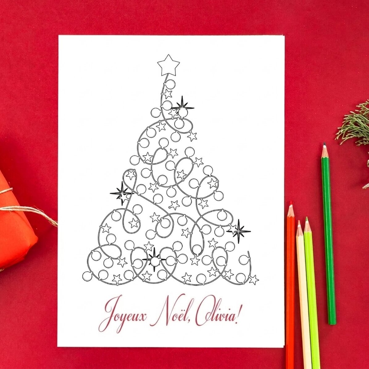 Carte de vœux personnalisée à colorier avec un message de Noël