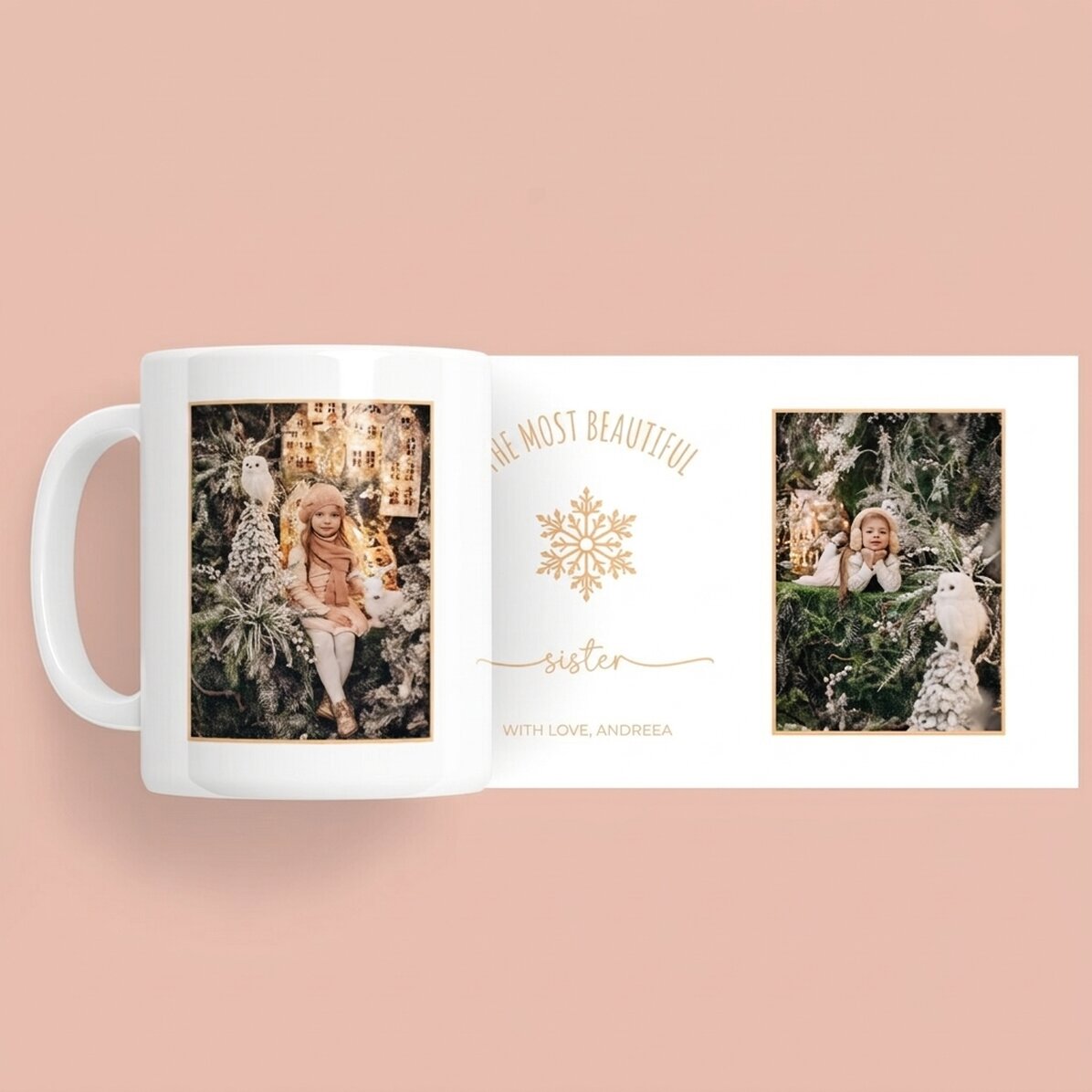 Tasse personnalisée avec 2 photos et un texte - Snowflake