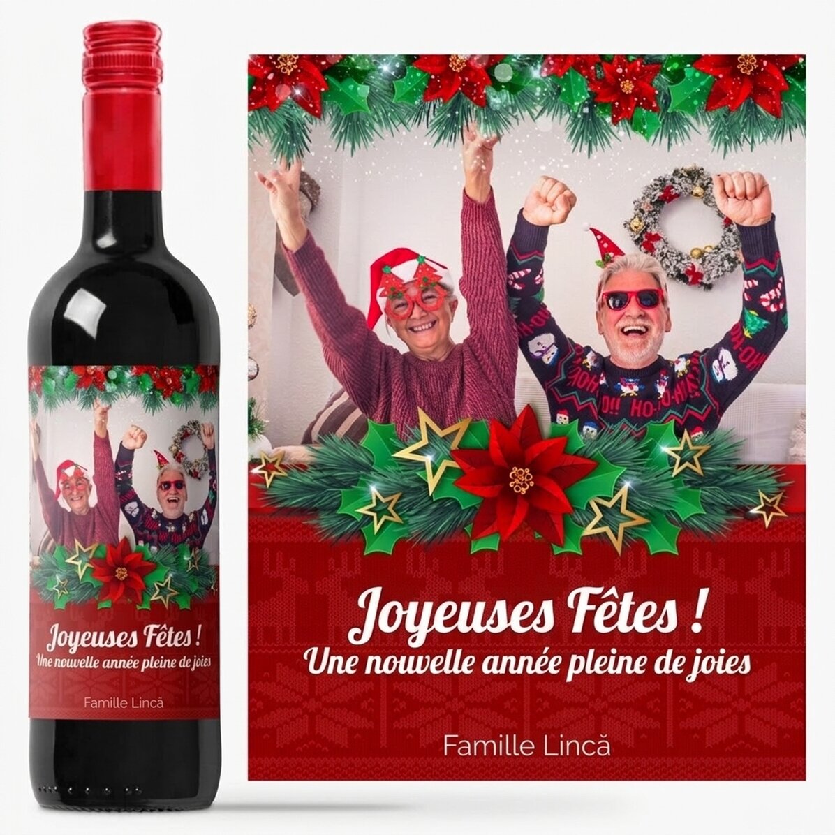 Vin personnalisé avec une photo et un message de vœux pour les grands-parents
