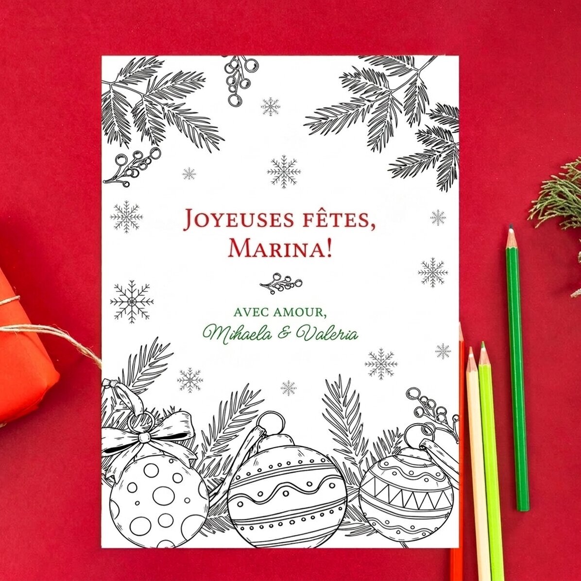 Carte de vœux personnalisée à colorier avec message - Noël