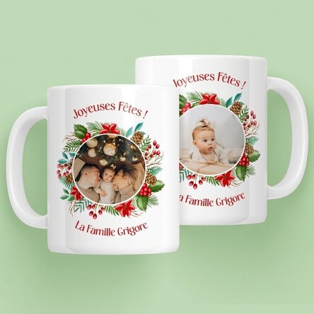 Tasse personnalisée avec 2 photos et un message - Joyeuses fêtes !