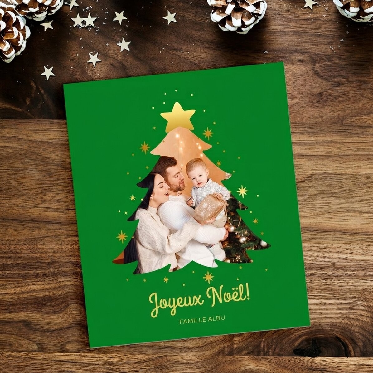 Aimant personnalisé de 10 x 12 cm avec une photo de famille et un message - Sapin de Noël