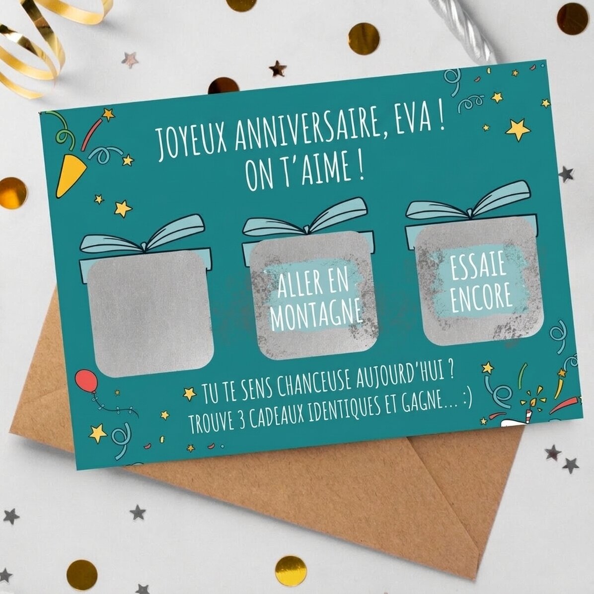 Carte à gratter personnalisée avec message - Trouvez 3 cadeaux et gagnez