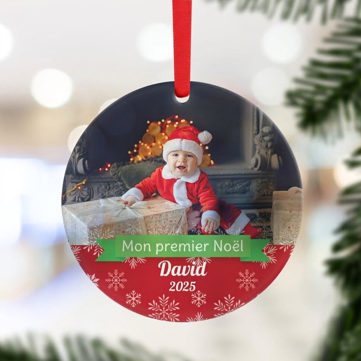 Décoration ronde personnalisée avec photo et texte - Mon premier Noël