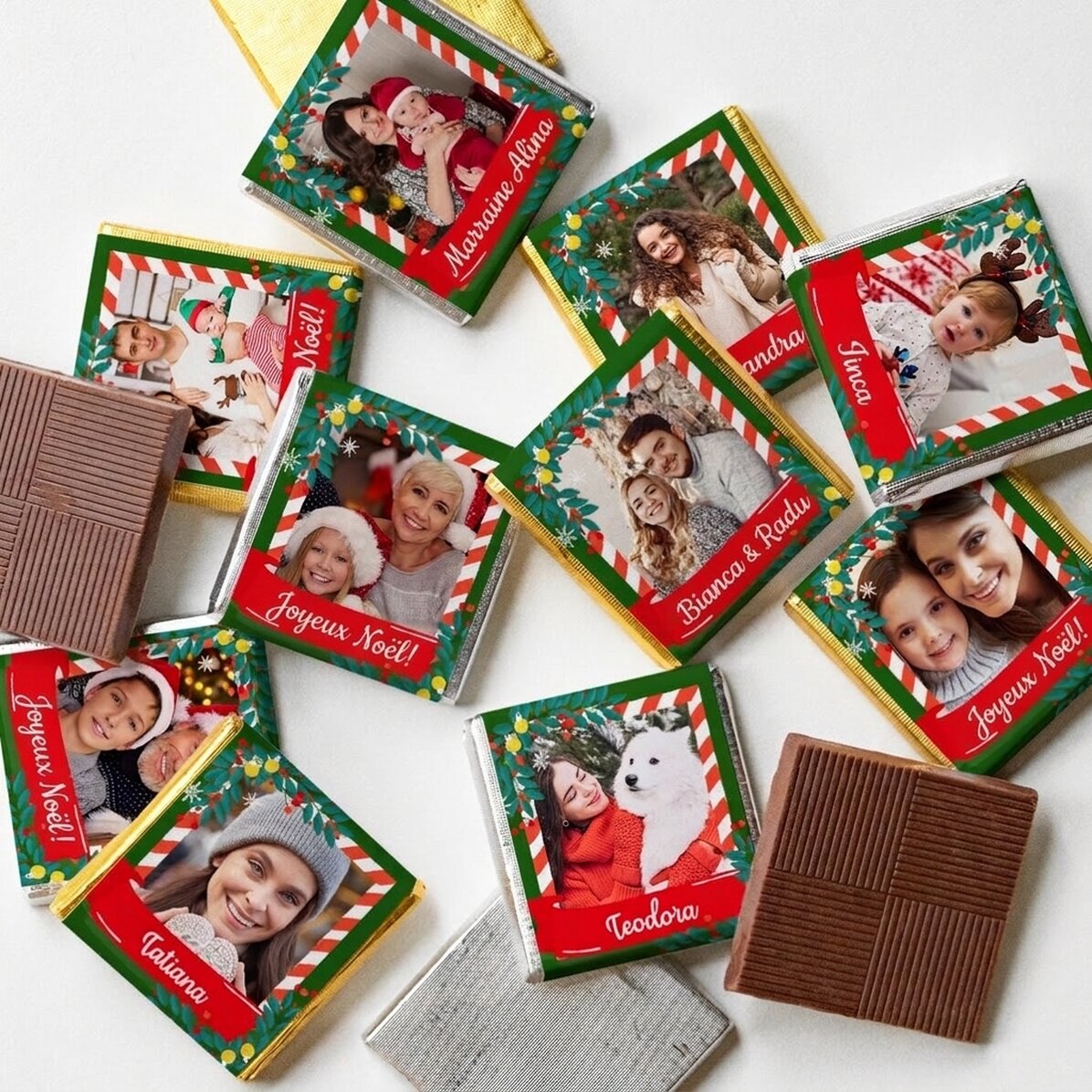 Lot de 10 mini-chocolats personnalisés avec photos et prénoms - Un Noël de conte de fées