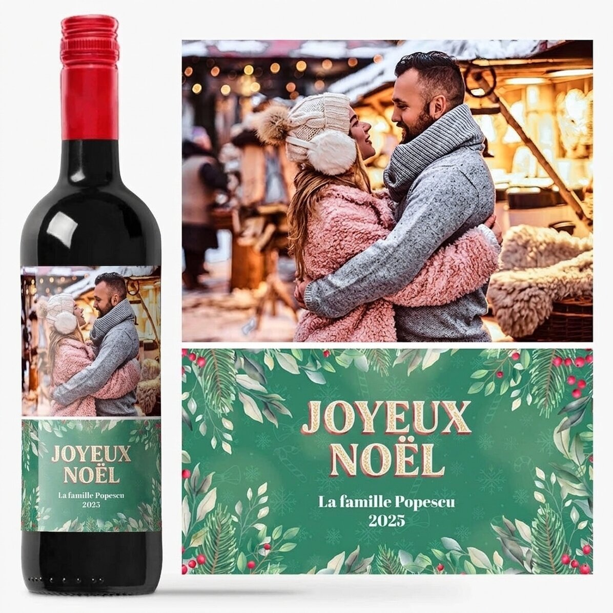 Vin personnalisé avec une photo et un message - Joyeux Noël