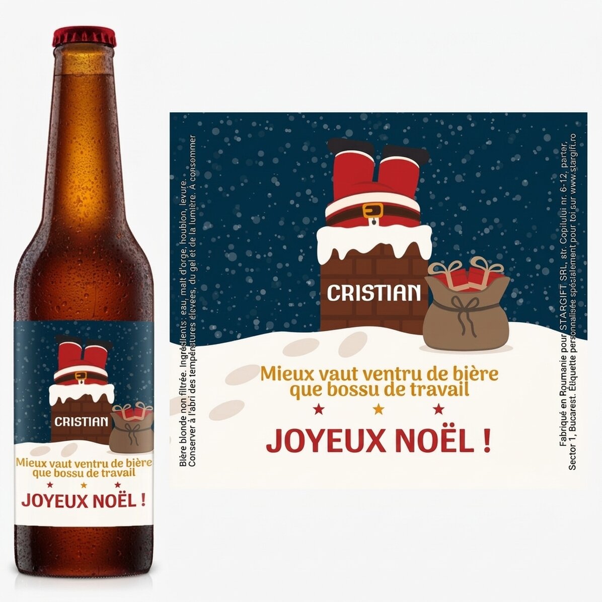 Bière personnalisée avec un texte - Le Père Noël dans la cheminée
