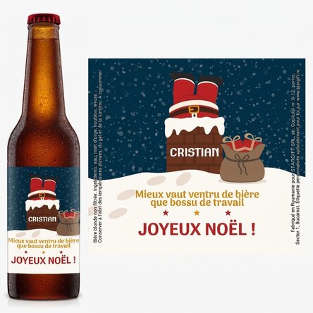 Bière personnalisée avec un texte - Le Père Noël dans la cheminée